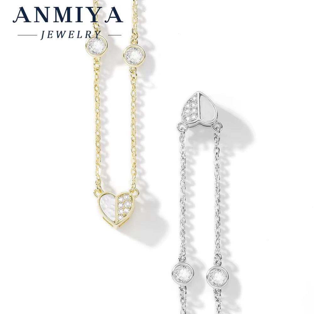 Customizable 925 Sterling Silver Heart-Shaped White Shell Pendant Zircon Lustrous Necklace Women Weddings Valentine'S Day