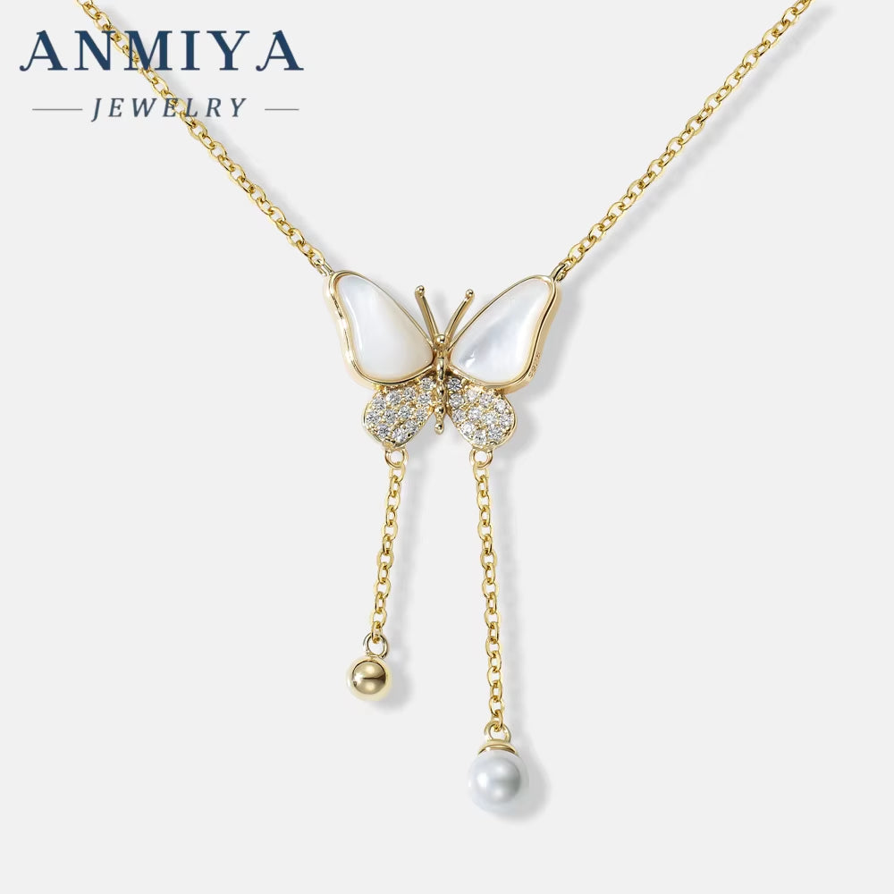 ANMIYA Fashion Zircon White Shell Butterfly Pendant Fringe Necklace 925 Silver Gold Plated Necklace for Women