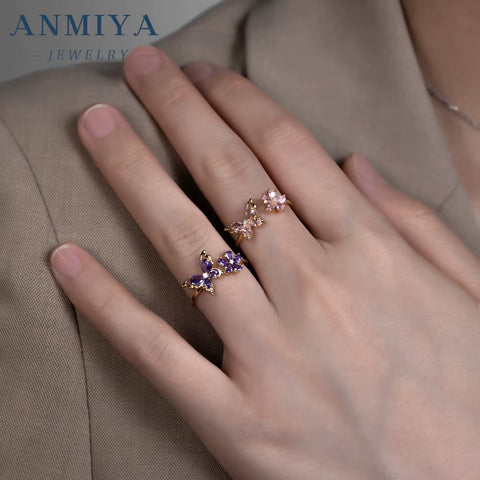 925 Sterling Silver Wholesale Butterfly Ring with Pink Purple Zircon, Bulk Flower Jewelry for Holiday Wedding, Anniversary Gifts