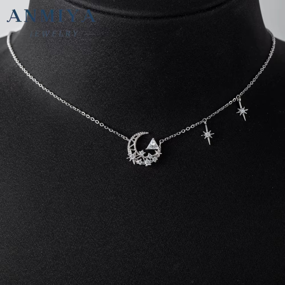 925 Sterling Silver Necklaces Women Fine Jewelry Wedding Accessories Moon Pendant Beads Necklace Wholesale