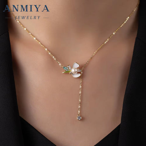 ANMIYA Women'S 18K Gold Plated Link Chain Necklace 925 Silver Tassels with Pearl Flower Pendant for Gifts