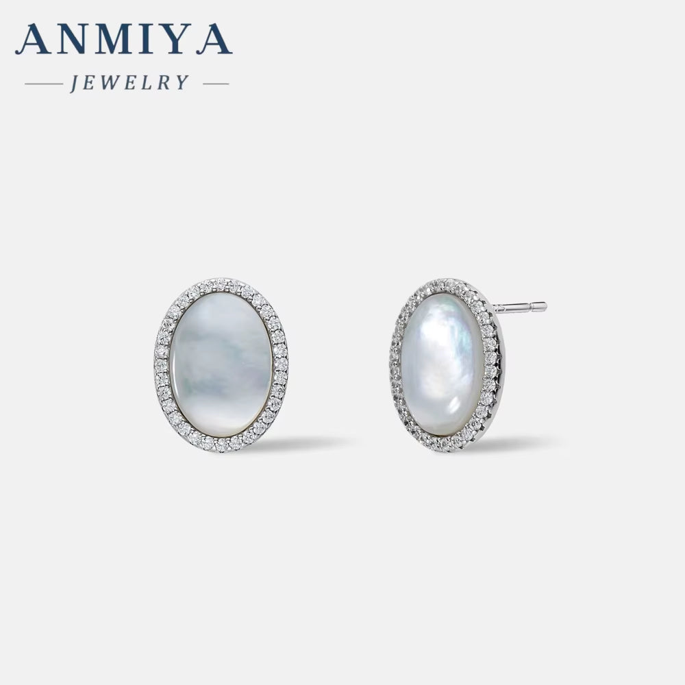 ANMIYA Fashion Jewelry Ellipse White Shell Stud 925 Sterling Silver Stud Earrings for Women Accessories