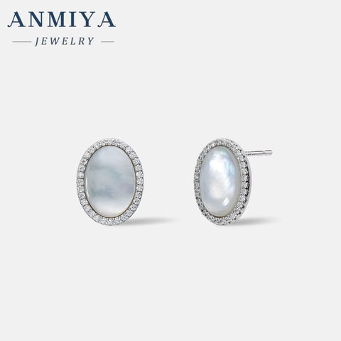 ANMIYA Fashion Jewelry Ellipse White Shell Stud 925 Sterling Silver Stud Earrings for Women Accessories
