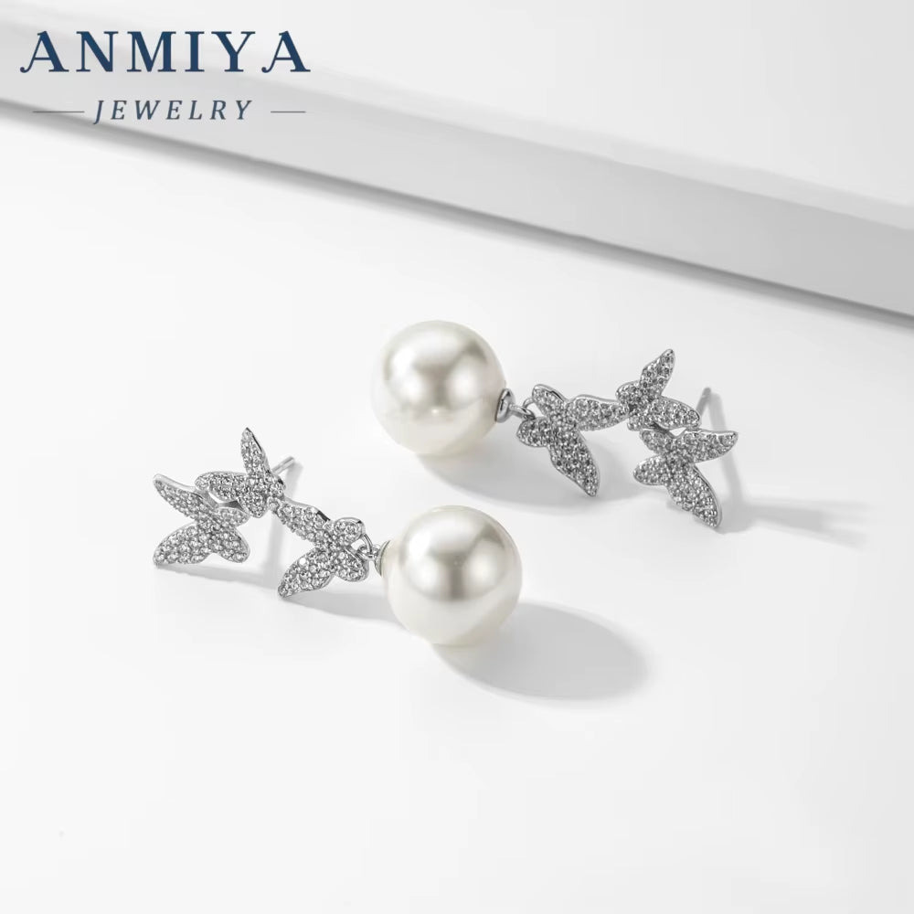 Hypoallergenic Needle French Style Vintage Pearl Butterfly Earrings Micropaved Zirconia Sparkling Hoop Earring Bridal Jewelry