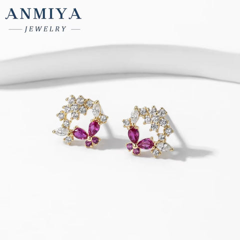 Wholesale Fashion 925 Sterling Silver Purple Zircon Butterfly Hollow Out Stud Earrings for Women