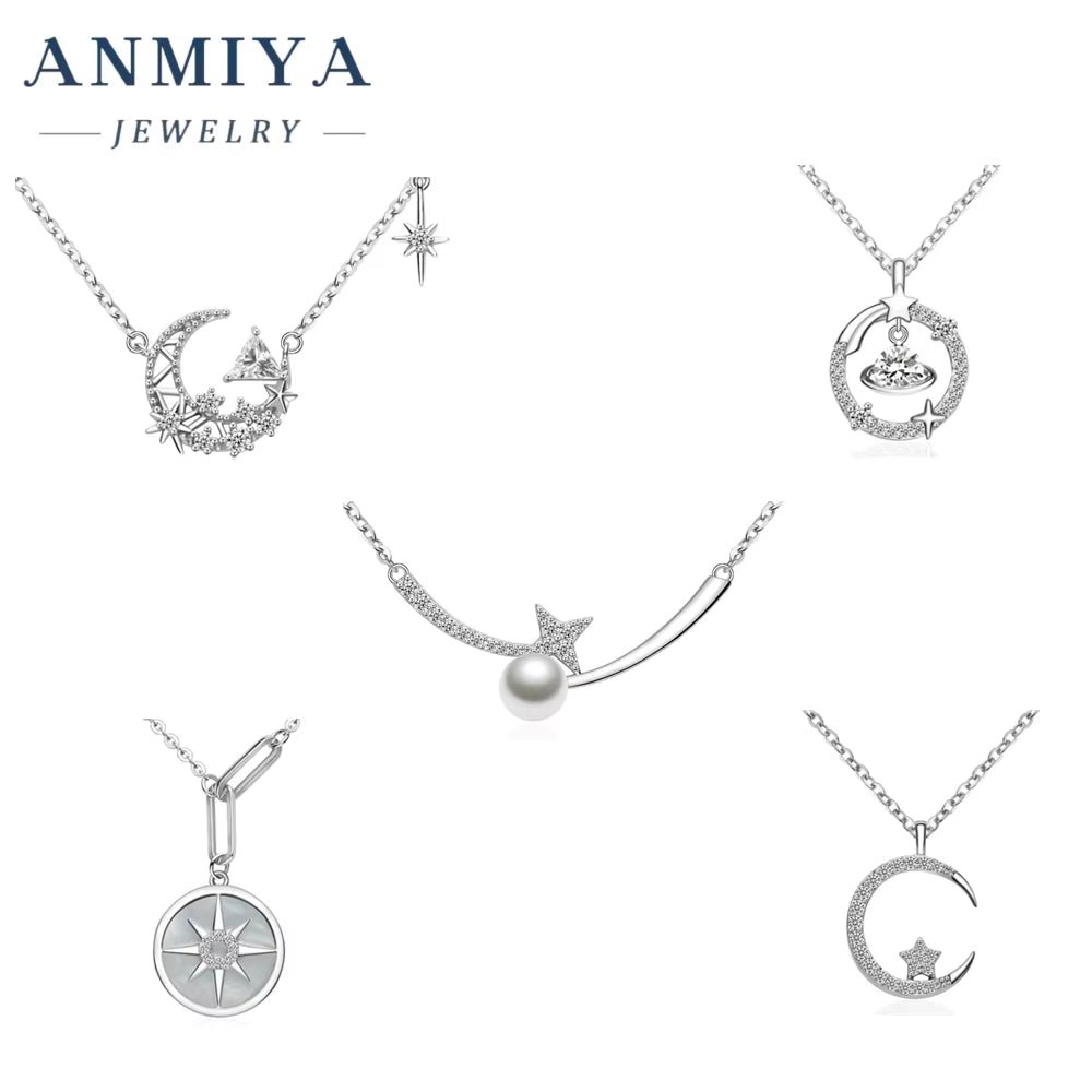 Wholesale S925 Sterling Silver Crescent Moon Star Pendant Necklace for Women Cute Style with Cubic Zirconia