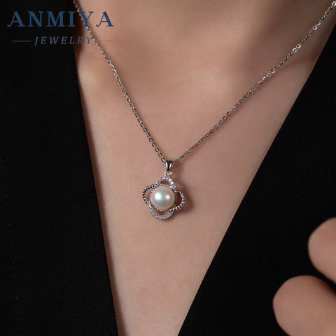 ANMIYA Four Leaf Clover Single Fresh Water Pearl Shape Flower 925 Silver Jewelry Necklace for Women Fashion