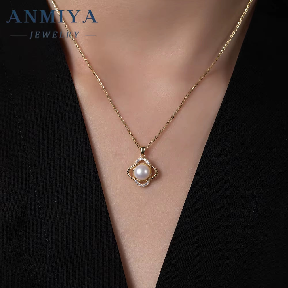 ANMIYA Four Leaf Clover Single Fresh Water Pearl Shape Flower 925 Silver Jewelry Necklace for Women Fashion
