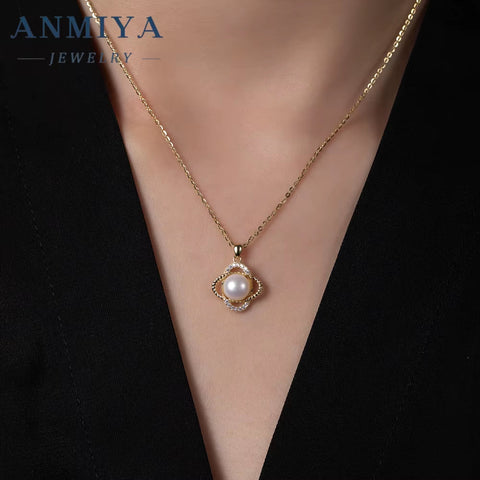 ANMIYA Four Leaf Clover Single Fresh Water Pearl Shape Flower 925 Silver Jewelry Necklace for Women Fashion