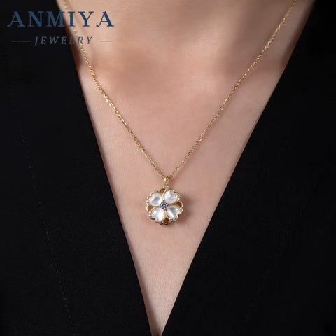 ANMIYA OEM S925 Sterling Silver Clover Necklace White Shell Pendant Necklace for Valentine'S Day Women