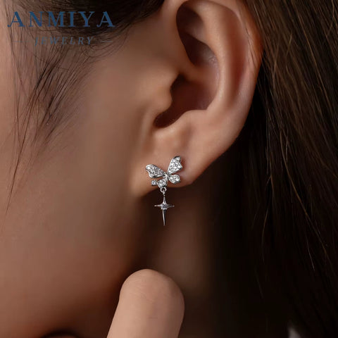 Super Shining Full Zircon Butterfly Stud Earrings 925 Silver Plated Rhinestone Women Earrings for Sweet Girls