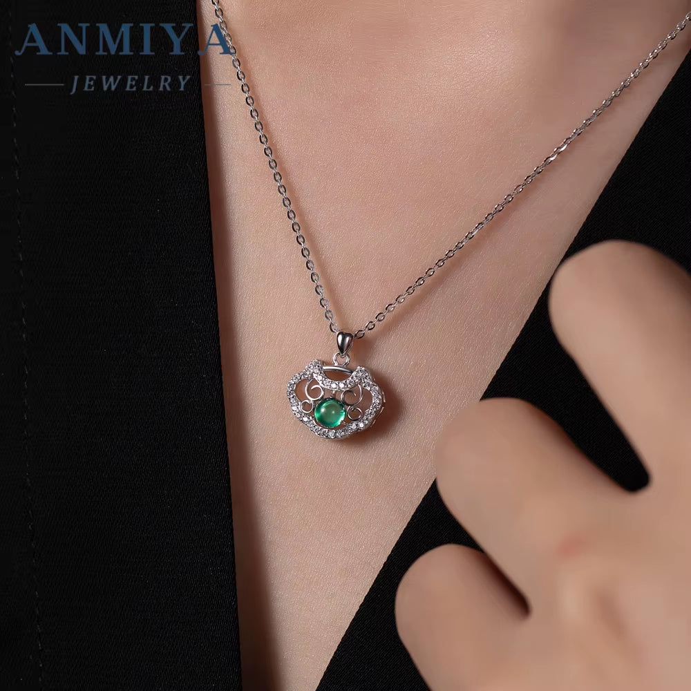 ANMIYA Niche S925 Sterling Silver Chrysoprase Lock Charm Pendant Necklace for Women Bestfriend Jewelry