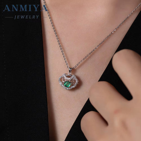 ANMIYA Niche S925 Sterling Silver Chrysoprase Lock Charm Pendant Necklace for Women Bestfriend Jewelry