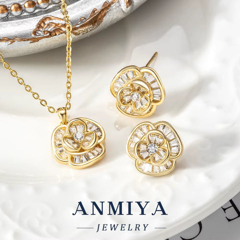 Shiny Silver 925 Set Featuring Cubic Zircon Accents Necklace and Earring Sets Flower Design for Daily Wear