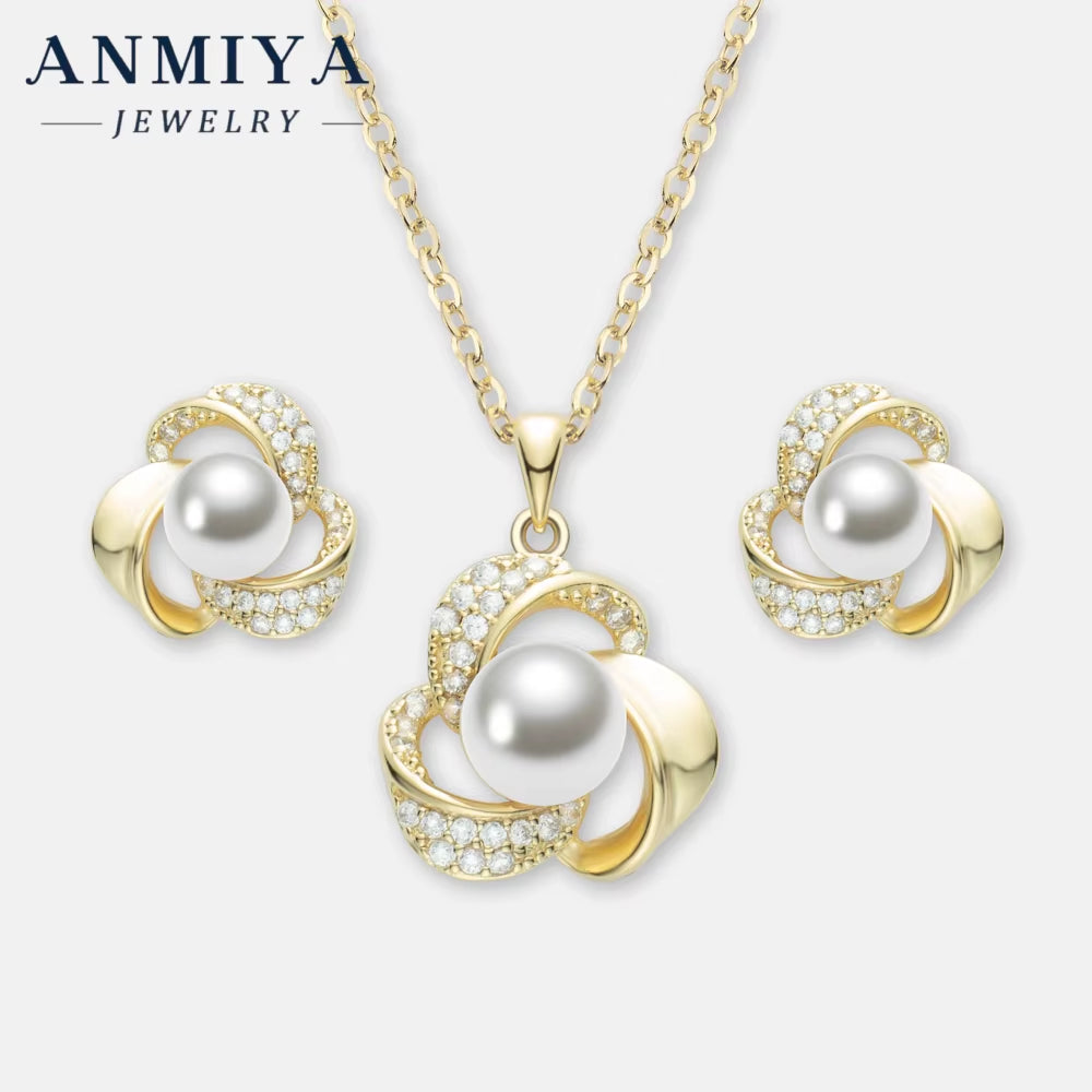 ANMIYA 925 Silver Earrings Jewelry Sets Pearl 18K Gold Plated Shell Pearl Earrings Necklace Jewelry Set