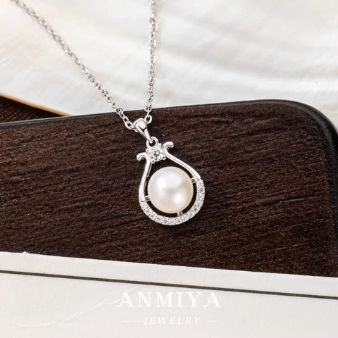 ANMIYA Simple Fashion 5A CZ Zircon Stone Paved Natural Fresh Water Pearl Necklaces for Women Wedding Jewelry