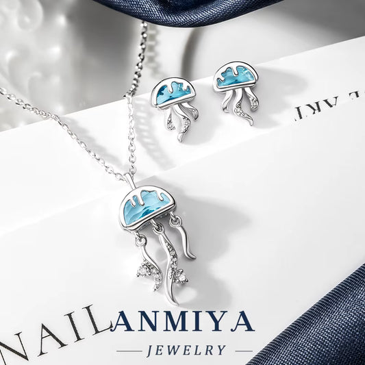 Delicate Silver Jewelry Artisan Silver 925 Set Necklace and Earring Sets Featuring Jellyfish Design for Feminine Daily Use