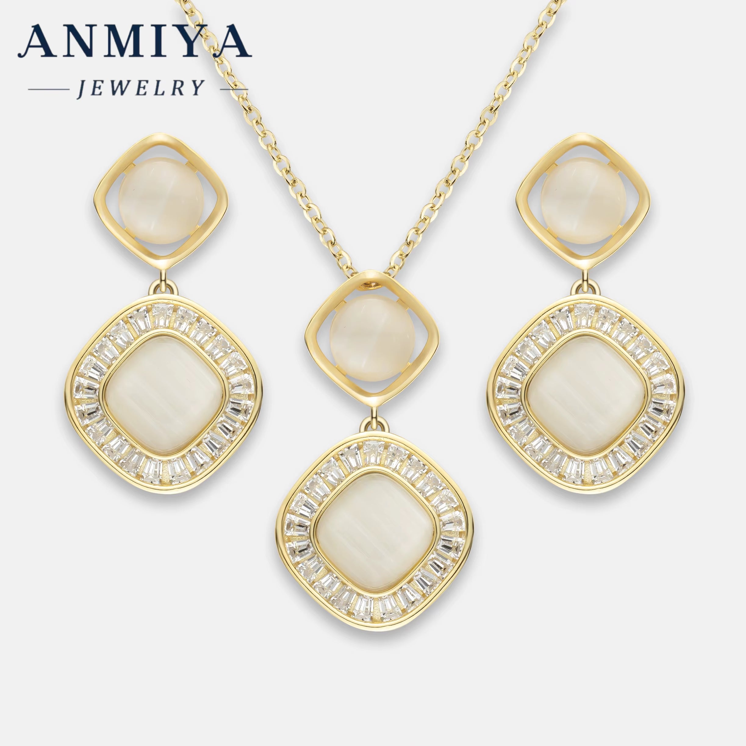 ANMIYA Glaring Gorgeous Anniversary Gift Geometric Diamond Necklace 18K 925 Silver Earrings Necklace Jewlery Set