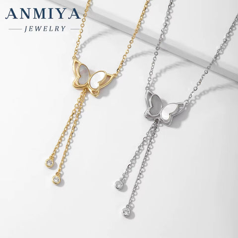 ANMIYA Butterfly Long Tassels White Shell Famale Necklace 18K Gold Plated 925 Silver Adjustalbe Necklace for Women
