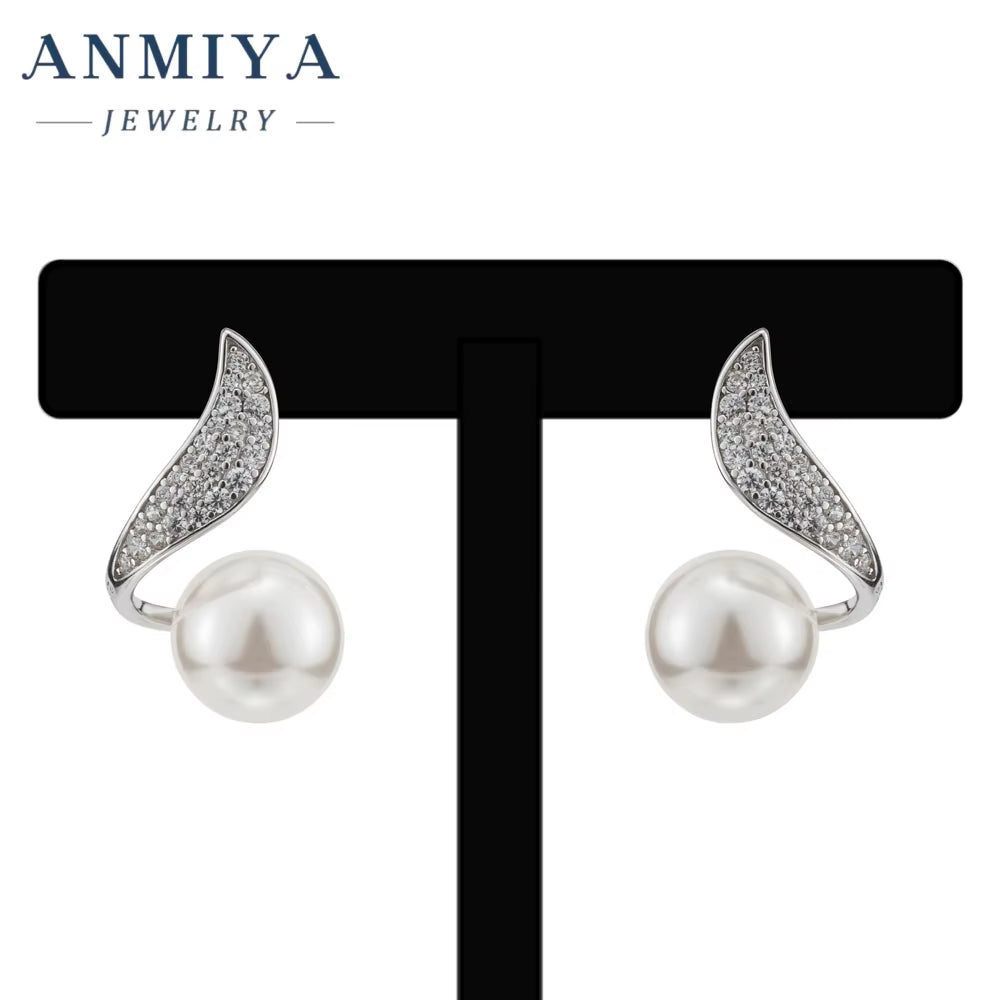 ANMIYA Custom Unique 925 Silver Modern Earrings Women Pearl Zircon Stud Earrings