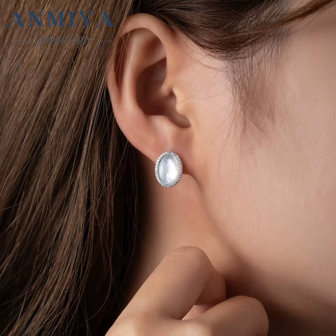 ANMIYA Fashion Jewelry Ellipse White Shell Stud 925 Sterling Silver Stud Earrings for Women Accessories