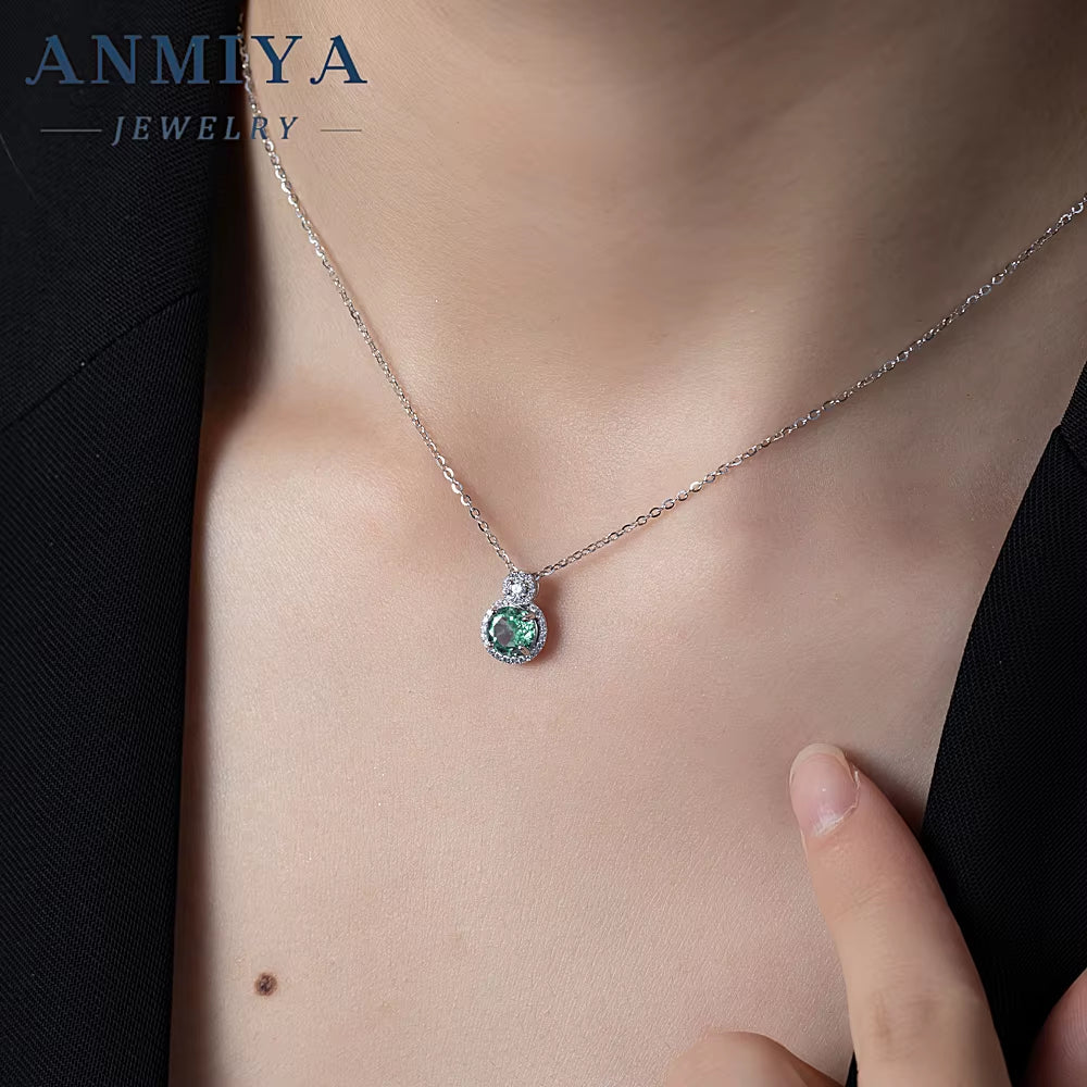 S925 Sterling Silver Ice Cut Necklace Diamond round Pendant Green ZC Necklace for Women Engagement Party