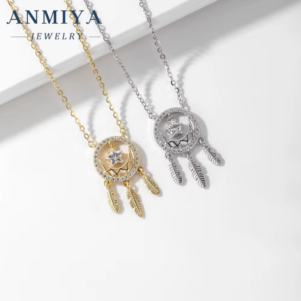 18K Gold Plated 925 Sterling Silver Dream Catcher Pendant Collarbone Necklace with Zircon Thanksgiving Gift for Female