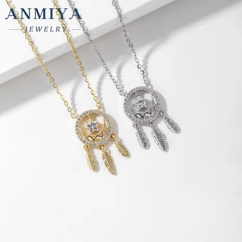 18K Gold Plated 925 Sterling Silver Dream Catcher Pendant Collarbone Necklace with Zircon Thanksgiving Gift for Female