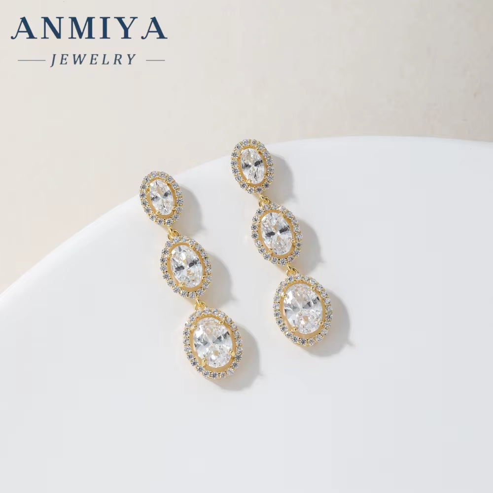 ANMIYA Fashion Jewlery Fine 925 Silver Long Oval Zircon Stone Diamond Necklace and Earrings Set for Women Ladies