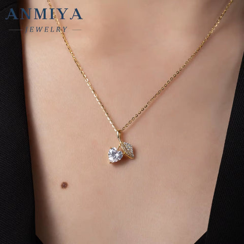 ANMIYA 18K Gold Leaf and Zircon Diamond Heart Shape 925 Silver Wholesale Unique Temperament Necklace for Women Fashion
