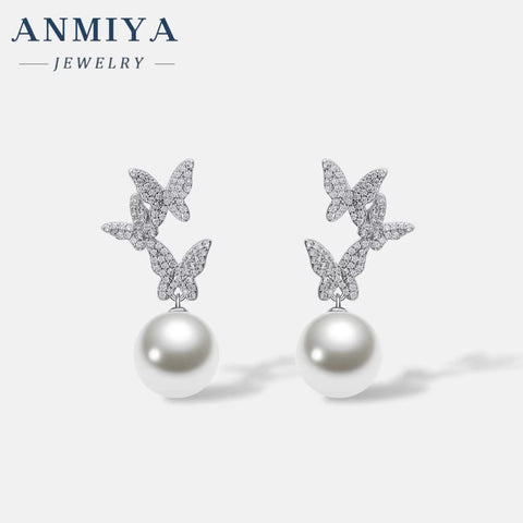 Manufacturer Statement Zircon Butterfly Fresh Water Pearl Stud Earrings for Anniversary Gift