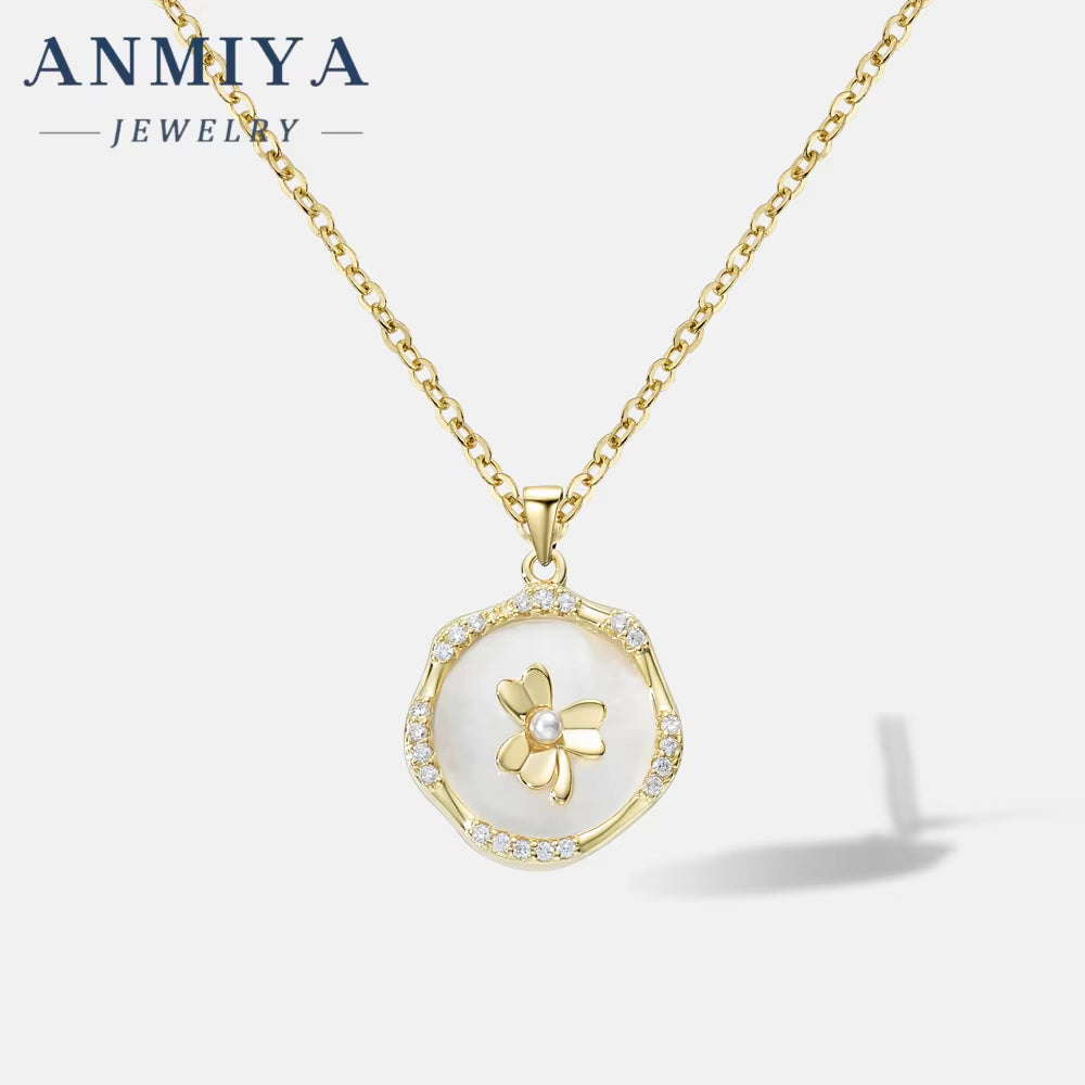 Minimalist 18K Gold Luck Four Leaf Clover round White Shell Necklace 925 Silver Necklace