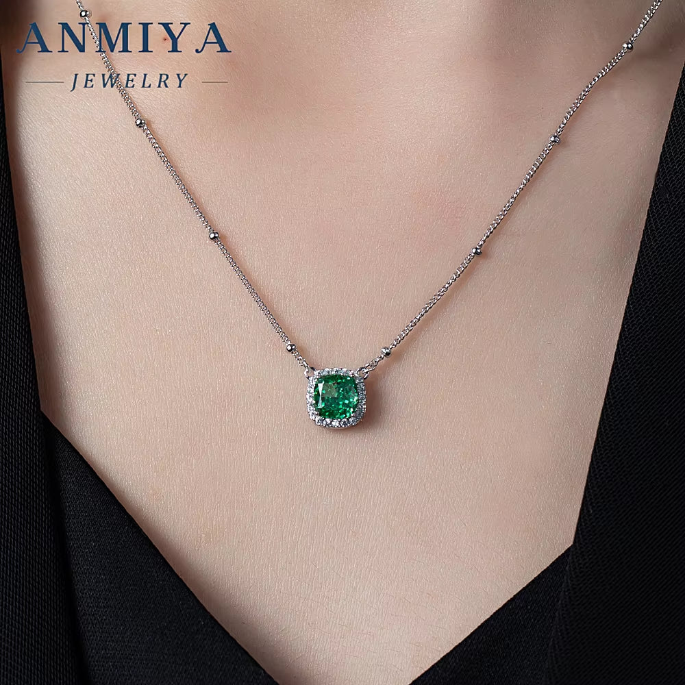 Luxury Women 925 Silver Square Ice Cut Zircon Necklaces with Green Women'S Neck Chain Wholesale Necklace Jewelry