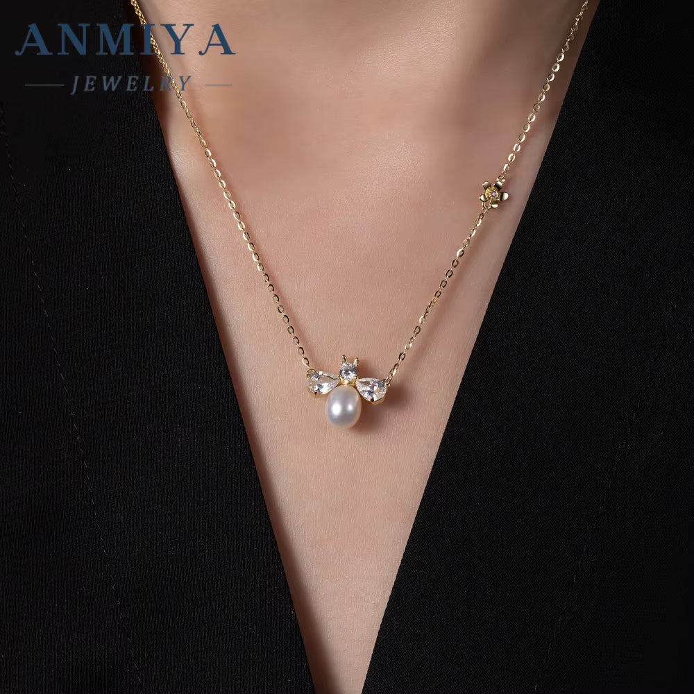 ANMIYA Personality Bee Fresh Water Pearl Pendant 925 Silver Jewelry Real Gold Plating Zircon Necklace for Women