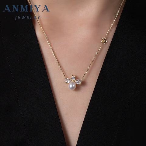 ANMIYA Personality Bee Fresh Water Pearl Pendant 925 Silver Jewelry Real Gold Plating Zircon Necklace for Women