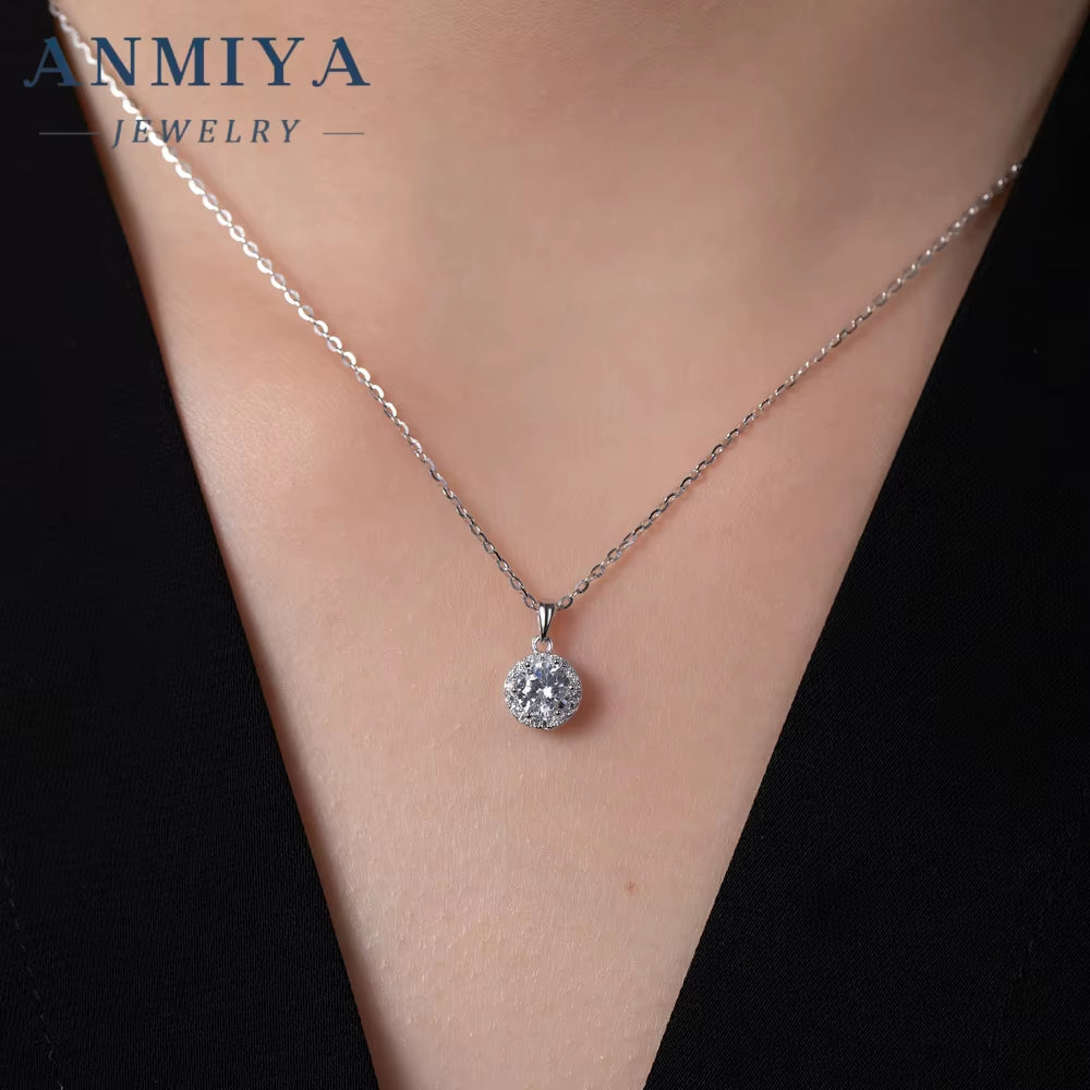 ANMIYA Gemstone Pendant 925 Sterling Silver round Tiny CZ Paved Pendant Women'S Necklace Jewelry