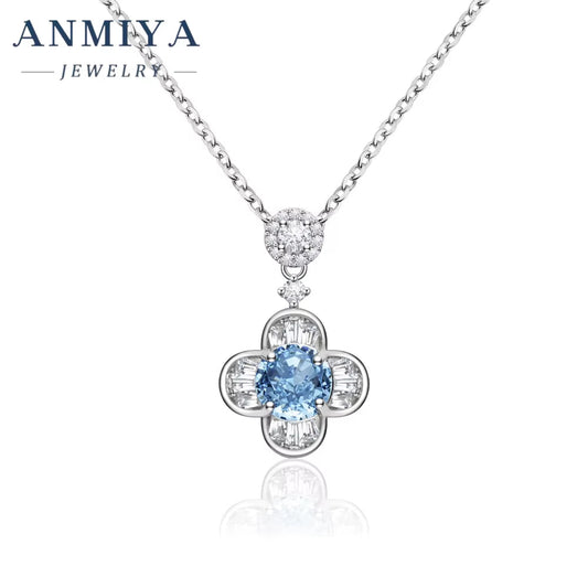 INS round Brilliant Ice Cut Zircon Flower Shape Blue Zircon 925 Silver Designer Minimalist Necklace for Women