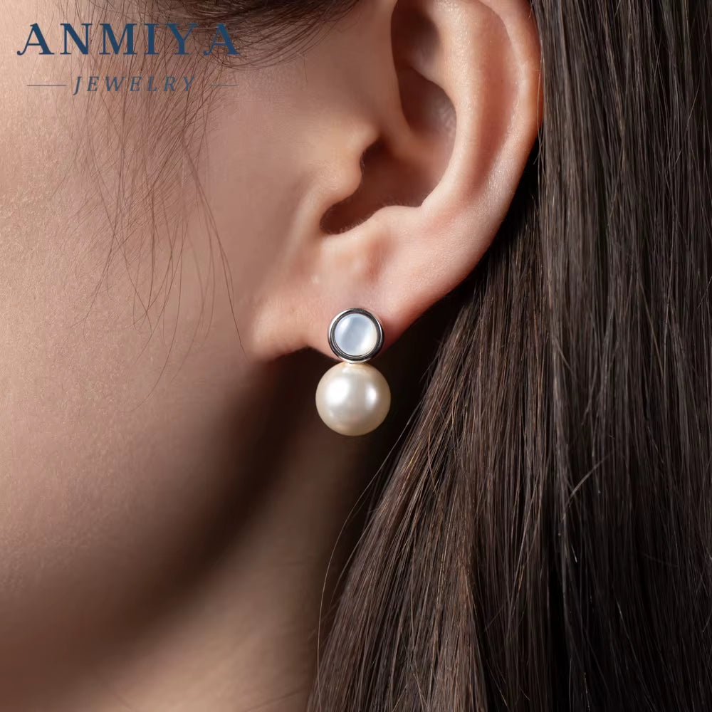 ANMIYA 925 Sterling Silver Fashion Vintage Pearl Stud Earrings Women'S Jewelry Gift