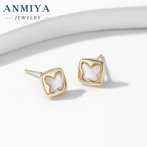 ANMIYA Square Butterfly Shape 18K Gold Plated Shell Jewelry Fashion Stud Earrings