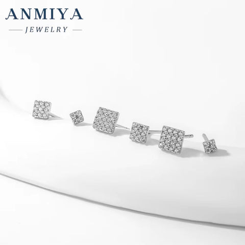 ANMIYA Square Shape Diamond 3PCS Set Stud Earrings Zircon 925 Silver Fine Jewelry Earrings for Women Girl
