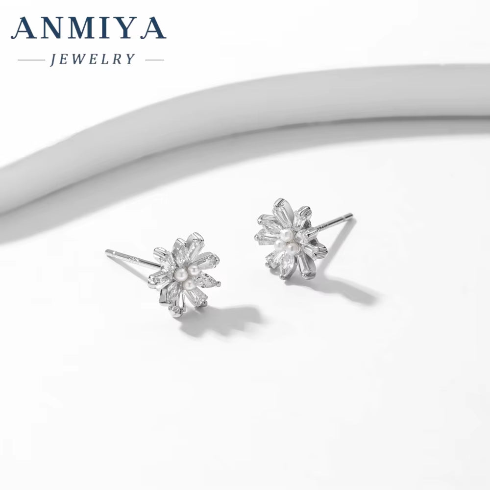 Dainty Sterling Silver Earrings Wholesale Luxury Snowflake Shape 925 Silver Sweet Earrings for Girl
