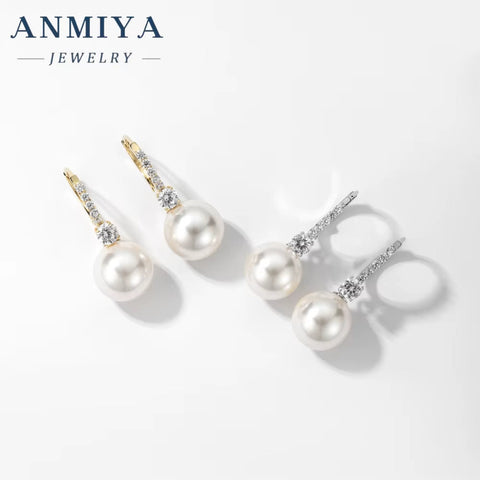 ANMIYA Korean Wedding Jewelry Gift 925 Sterling Silver Pearl Earrings Drop Pearl Hoop Earrings for Women