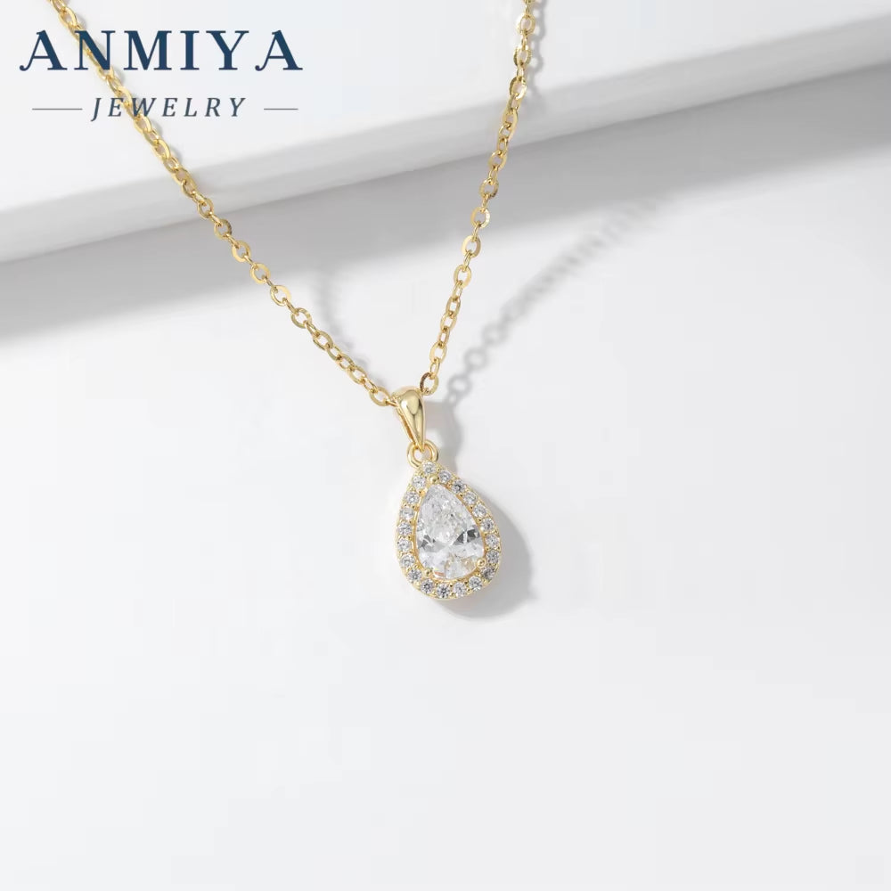 ANMIYA Classic 925 Sterling Silver Water Drop Pendant 5A Cubic Zircon Chain Necklace for Girl Fine Jewelry Set