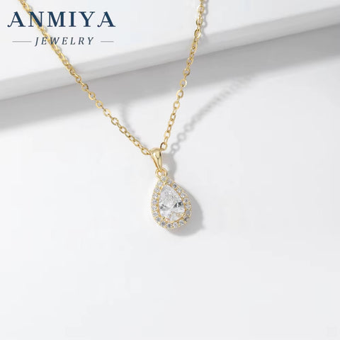 ANMIYA Classic 925 Sterling Silver Water Drop Pendant 5A Cubic Zircon Chain Necklace for Girl Fine Jewelry Set