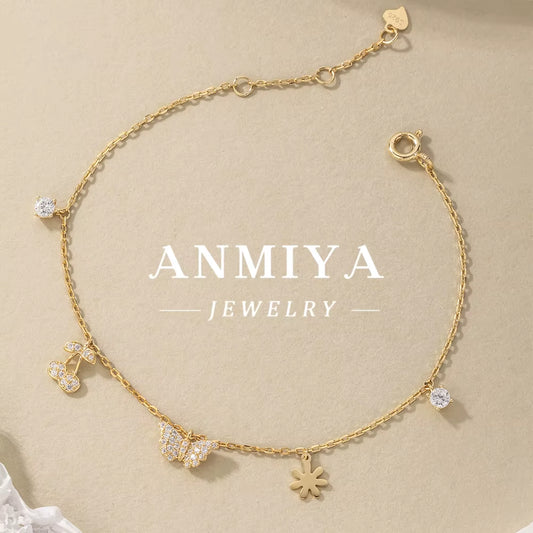 ANMIYA Custom Wholesale Fine 925 Sterling Silver Zircon Bracelets Butterfly Cherry Bracelets for Kids