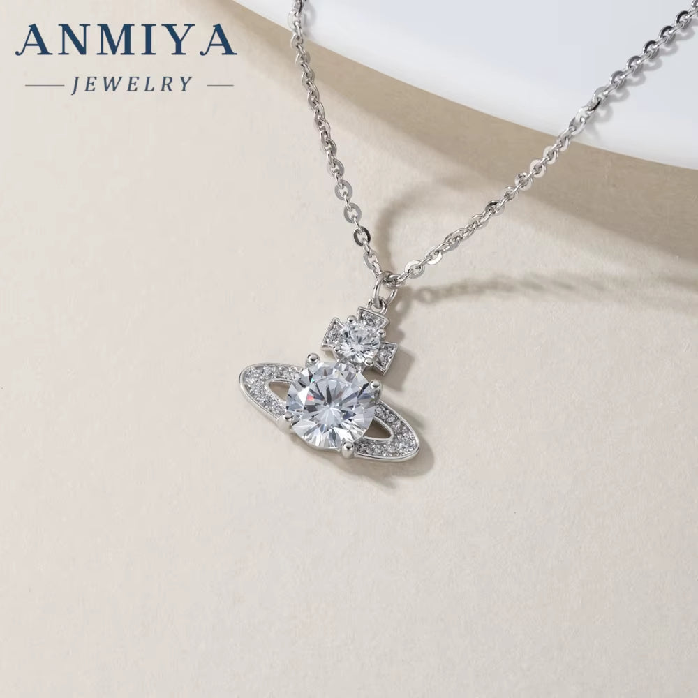 ANIMIYA 3D Saturn Inlay Zircon Lab Diamond Fine Fashion 925 Sterling Silver Necklace Earrings Set for Valentine'S Day