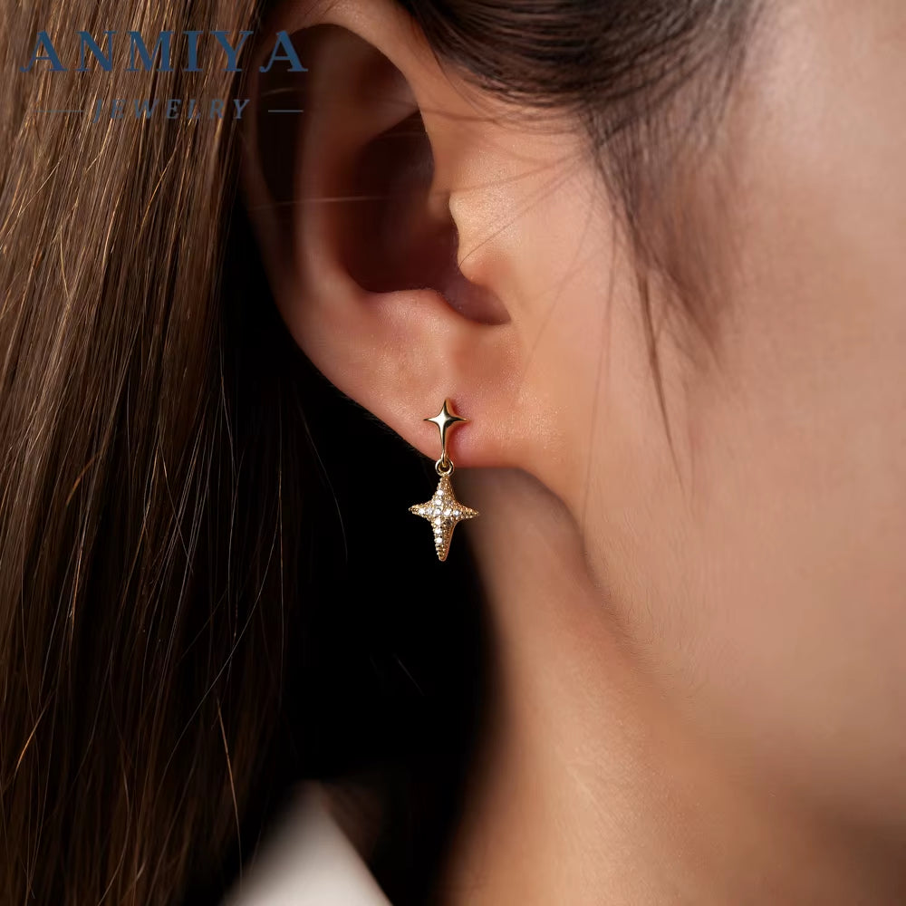 ANMIYA New Tide 925 Sterling Silver Hypoallergenic Minimalist Star Drop Inlaid 18K Gold Zircon Women'S Stud Earrings