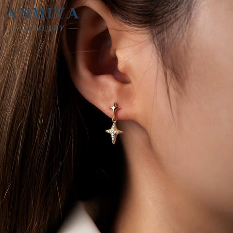 ANMIYA New Tide 925 Sterling Silver Hypoallergenic Minimalist Star Drop Inlaid 18K Gold Zircon Women'S Stud Earrings