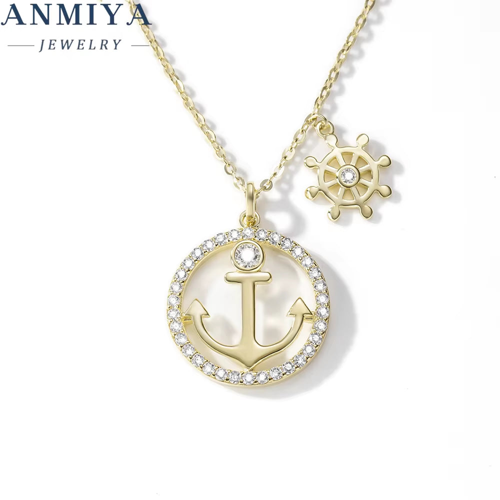 925 Sterling Silver 18K Gold Plated Anchor and Ship Wheel Pendant with Cubic Zirconia Nautical-Inspired Jewelry Necklace