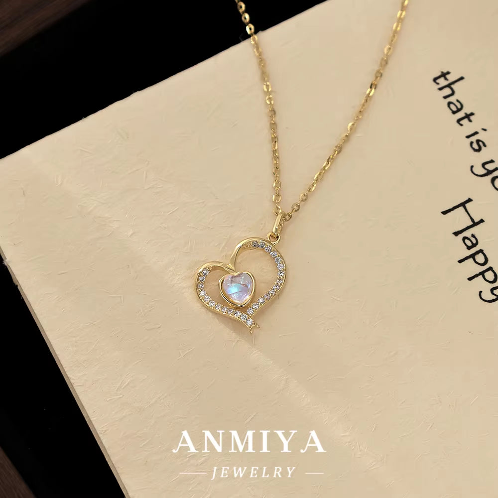 ANMIYA 925 Sterling Silver Link Chain Necklace Simple Heart Cubic Zirconia Pendant Fine Jewelry Necklace for Women Gift